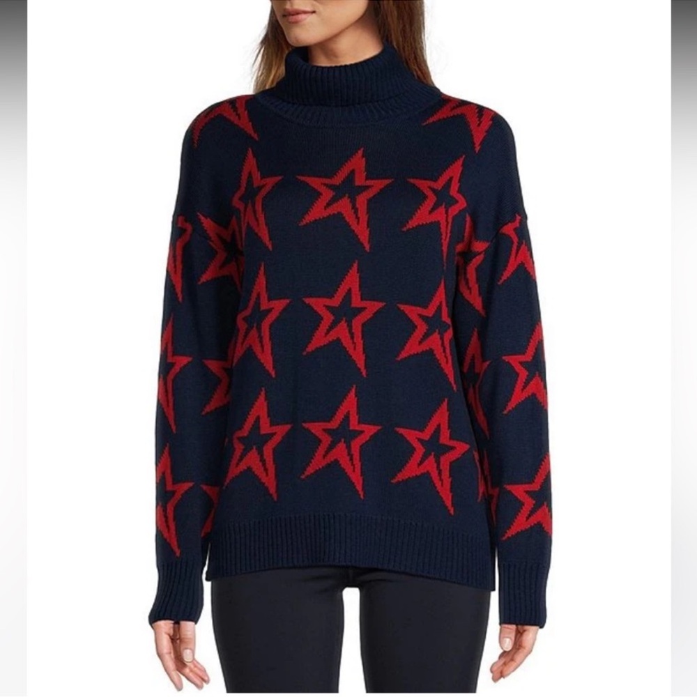 Antonio Melani Wool Blend Turtleneck Sweater SZ L Navy Red Stars Accents Classic